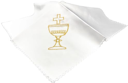 Lunexus Communion Christening Cloth Candle Cloth 22 x 22 cm - White Decorative Cloth with Golden Embroidery Chalice, Host and Cross and Lace Edge - Base for Communion Candle, Christening Candle, Altar