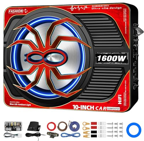 TZGBASS 1600W Slim Under Seat Subwoofer and Amp Package, Powered Car Subwoofer with Built-in Amp, Subsonic Deep Bass, LED Switch Control, High-Excursion Underseat Subwoofer for Truck/Car Audio Systems