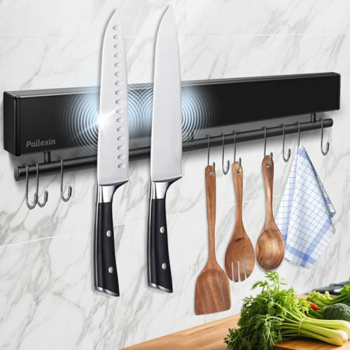 17 Inch Magnetic Knife Holder for Wall - Black Magnet Knife Strip Stainless Steel No Drill with 10 Hooks/Adhesive Tape/Screws, Kitchen Utensil Holder, Wall Mounted Storage & Organizer