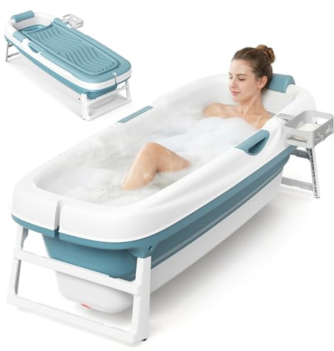 Faltbare Badewanne Erwachsene,157 x 58 x50 cm mit Isolierabdeckung neigbarer Rückenlehne erhöhtem Sitz U-förmiger Kopfstütze und Fußmassagerollen zwei Abflussöffnungen geeignet Duschen Balkone