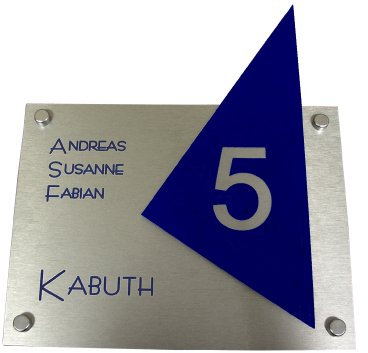 Modernes Namensschild/Türschild D1 made by GravUp mit Hausnummer : Gravur nach Wunsch - Aluminium im Edelstahloptik Acrylglas. + 4er Set Edelstahl V2A Zierkappen + Gewinderingen.