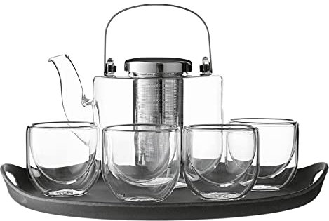 VIVA Scandinavia Teekanne mit Siebeinsatz, Glas Teekocher im Set mit 4 kleinen Tee-Tassen aus Borosilikat Glas und Serviertablett grau, Geschirrspüler-geeignet, Tropffrei, 0,75 Liter