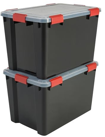 Iris Ohyama, Scatole Portaoggetti Ermetiche in Plastica, 70L, Set di 2, Nero, Coperchio Impermeabile, con Chiusura, Impilabile, Per Esterni, Garage, Vestiti, Antipolvere, Senza BPA, AT-LD