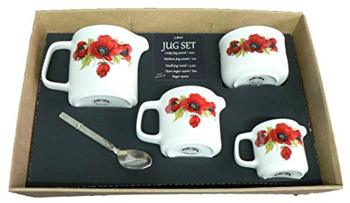 Poppy Jug Set Gift Boxed. Porcelain jugs and Sugar Decorated with Bright Colourful Poppies All Round Packed into a Black Gift Box