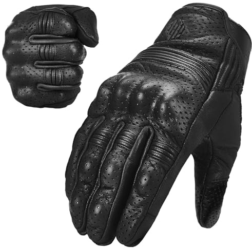 ILM Goatskin Leather Motorcycle Motorbike Powersports Racing Gloves Touchscreen for Men and Women Model DN01(XL, Black Perforated)