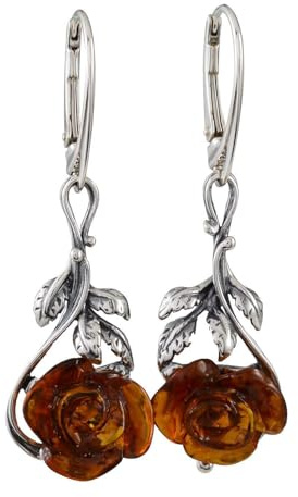 Amber Jewelry for Women - Sterling Silver and Baltic Honey Amber Leverback Earrings Open Rose, Dangle Earrings - Sterling Silver Jewelry Collection