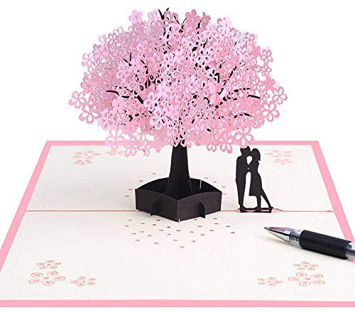 3D-kort handgjort pop-up-kort med romantiska älskare under körsbärsträd, bröllopskort gratulationskort för fru make flickvän brud och mamma