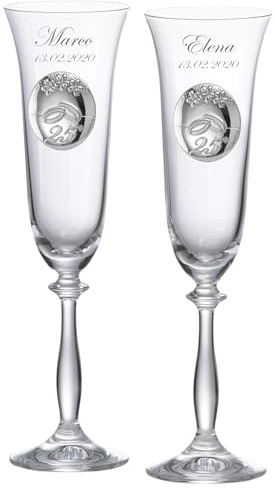 JOYERIA EL FARO Copas Bodas de Plata Personalizadas – Juego de 2 Copas de Champán Grabadas con Nombres y Fecha – Regalo 25 Aniversario de Casados para Matrimonio