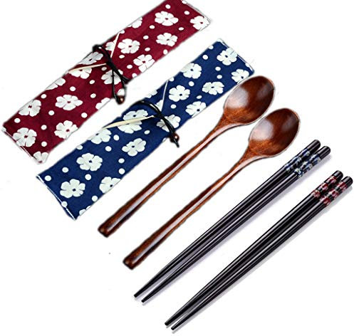 Haosell 2 Set Essstäbchen Löffel Holz Set ，Holz Besteck Set ，praktische Geschirr Besteck für Küche Zuhause Restaurant, Japanische Natur Chopsticks stäbchen aus umweltfreundlichem hölzernen