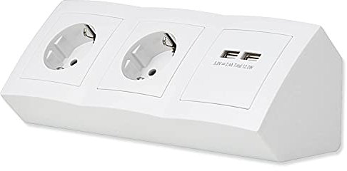 Presa a 2 prese + 2 USB per cucina e ufficio – Presa angolare in plastica di alta qualità ideale per piano di lavoro, presa da tavolo o da incasso con 2 elementi di presa da cucina