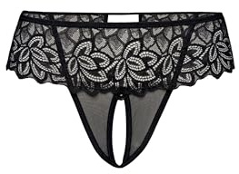Teyli Damen Ouvert Tanga - Tanga mit Loch - Höschen mit Offenem Schritt - Slips im Schritt Offen - Unterwäsche mit Spitze Blumenmotiv Schwarz S/M