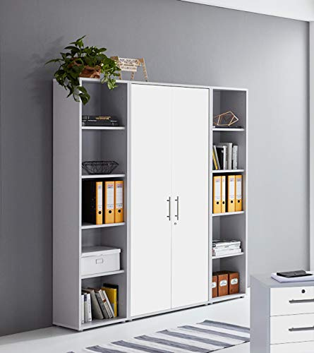 Aktenschrank TABOR 3 Büroschrank abschließbar – Mehrzweckschrank & Ordnerschrank Büro, viel Stauraum, Korpus lichtgrau Front weiß matt
