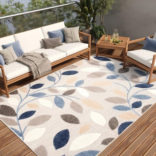 TAPISO Alfombra para terraza, Exterior, Interior, terraza, balcón, jardín de Invierno, Cocina, salón, Moderna, Beige, Azul, Gris, Hojas, Aspecto 3D, Resistente a la Intemperie, Oeko-Tex, 140 x 200 cm