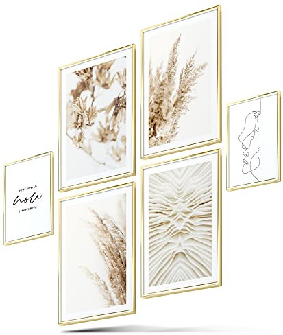 BLCKART - Ensemble d'images - Beige - Style bohème - Tableau mural - Double face et élégant - Motifs : herbe de la pampa, nature, herbes - Poster - 21 x 30 (M - 4 x A4-2 X A5 - Sans cadre)