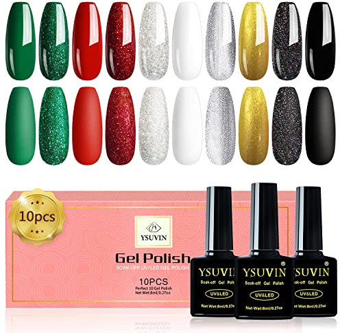 YSURE 10pcs Gel Nail Polish Set - Red, Green, Black, White, Silver, Gold, Glitter Gel Polish - Soak Off, UV LED, Christmas Series - Salon Kit - 8ML