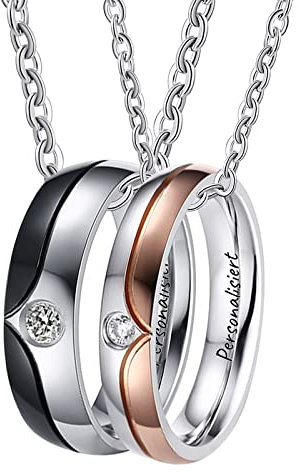 Epinki Edelstahl Partner Ketten mit Ring Anhänger, Zwei Töne Partnerketten für Sie und Ihn mit Zirkonia Weiß, Schwarz Rose Gold, Breite 4/6MM - Herrenkette 60cm, Damenkette 50cm