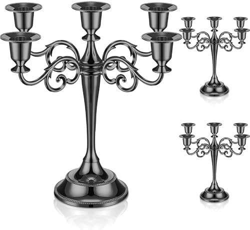 Dandat 3 Pcs 5 Arm Metal Candelabra Candlestick Holders 10.24 Inch Tall Candlestick Holders Gothic Candle Holder for Home Wedding Church Halloween Party (Black)
