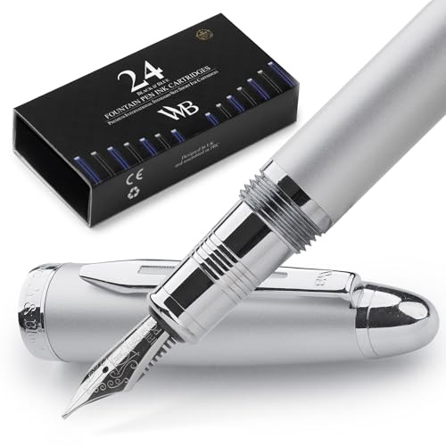 Wordsworth & Black Majesti reservoarpenna (Silver) – Lyxigt fodral, 24K guldfinish, 18K förgylld mediumspets, bläckpatroner och konverterare ingår – Kalligrafipenna