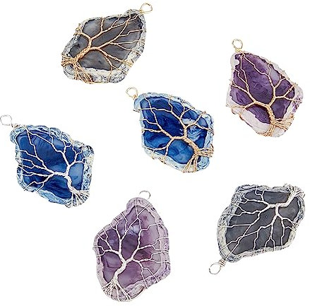 SUPERFINDINGS 6 Stück Rhombus Harz Stein Halskette Kupferdraht Umwickelt Lebensbaum Anhänger Harz Chakra Anhänger Für Halsketten Ohrringe Armbänder Schmuckherstellung