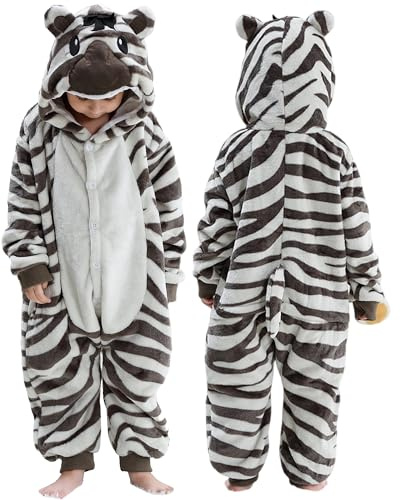 MICHLEY Animal Hooded Romper Kids Flannel Halloween Cosplay Pajamas Costume 3-12T for Autumn Winter, Zebra, 11-12T, Size140