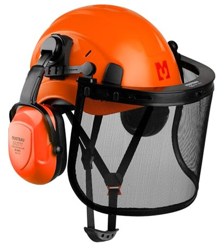 Mustbau Casque de Sécurité pour Tronçonneuse, Casque de Protection avec Coquilles Antibruit et Visière en Maille, 53 à 63cm Tour de Tête Réglable Convient pour Forestière, Chantier, Travail - Orange