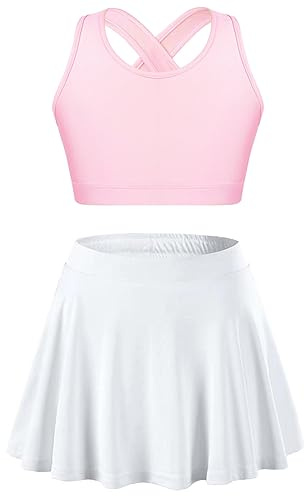 Alvivi Mädchen Tennis Kleider Sport BH Crop Tops mit Rock Tennisrock Golf Tennis Sport Trainingsanzug Ballett Tanzkleid Gym Yoga Outfits Rosa&Weiß 140