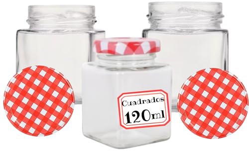Awiku 12 Tarros de Cristal Cuadrados con Tapas Metálicas Herméticas de 120ml - Incluye Etiquetas - Tarritos Ideales para Mermeladas, Miel, Especias, Cremas - Frascos Cuadrados Resistentes (12)