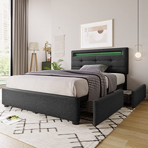 KUAKE Polsterbett 90x200cm mit LED-Kopfteil und 2-Schubladen, Einzelbett mit flachem Nudelrahmen und höhenverstellbarem Kopfteil, Leinenmaterial, Jugendbett，ohne Matratze (Grau, 90x200cm)