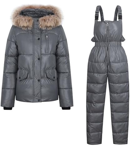 RKaixuni Zweiteilige Outfits Damen Winter Onesie Skianzug Outdoor Ski Overall Kapuze Pelzkragen Schneeanzug Outdoor Sport Mantel, dunkelgrau, 46