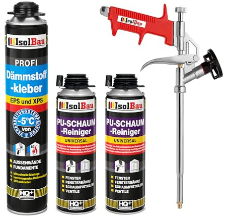 Isolbau B2 Dämmstoffkleber SET - 1 x 750 ml Perimeterkleber, 2 x PU-Schaum-Reiniger & 1x Schaumpistole für EPS & XPS-Platten - 1K PU-Klebeschaum für Fixieren & Befestigen