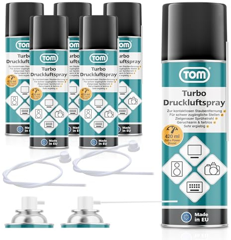 TOM Druckluftspray 6x420 ml – Air Duster Reinigungsset | Mit 10 cm & 50 cm Sprühverlängerung – Druckluft aus der Dose für Tastatur, Laptop, Computer & Elektronik