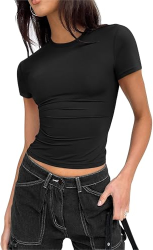 Zeagoo T-Shirt da Donna Manica Corta Casual Collo Rotondo Magliette Estivo Slim Fit Crop Tops Tinta Unita Basic Tee Shirt Camicia Nero M