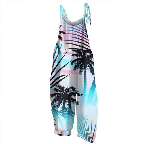 RMBLYfeiye Overall Damen Elegant Schutzanzug Einweg Jumpsuit Weiß U-Ausschnitt Palm Druck Sommer Mit Taschen Leicht Locker Leinen