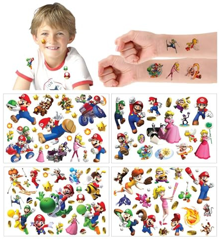 Temporäre Tattoo Set Fans Tattoos für Mario,4 Blätter tattoos Aufkleber Stickers für Geschenktüten geburtstag Mitgebsel Mädchen Jungen