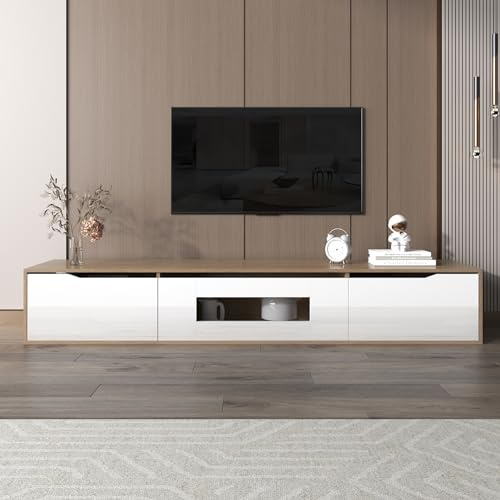 BTM Meuble TV Blanc Brillant avec Lumière LED, Meuble TV Moderne avec Trois Cabinets, Porte Haute Brillance, Meuble Télé Suspendu pour Salon, 180x30x30 cm, Blanc