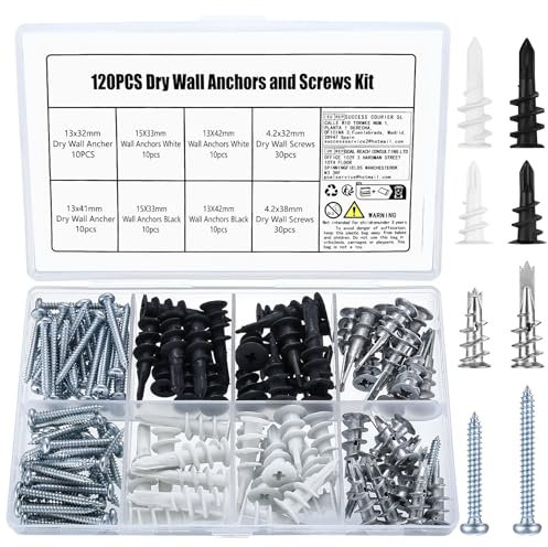 120 STK Dämmstoffdübel, Metall Gipskartondübel Rigipsdübel Hohlraumdübel, Zinklegierung/Nylon Hohlwanddübel, mit Selbstbohrende Gipskarton Schrauben zum Befestigen von Gipskarton, Hohlwand(60 + 60)