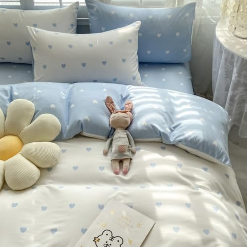 Freyamy Herz Bettwäsche 155x220 Herzen Blau Weiß Mädchen Bettwäsche Set | Aesthetic Wendebettwäsche, 2teilig Bettwäsche-Sets, Microfaser ÖKO-TEX Bettbezug mit Reißverschluss und 1 Kissenbezug 80x80cm
