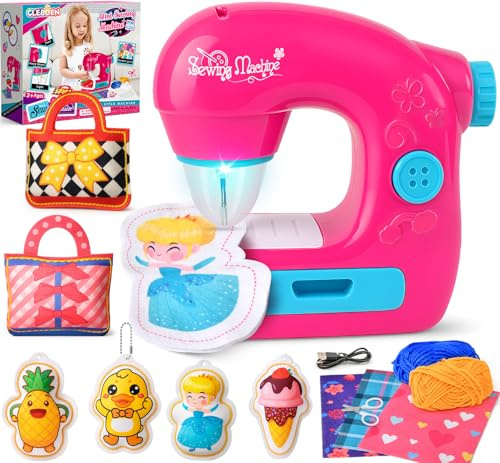 vamei Mini Sewing Machine Toy for Girls, Electric Sewing Machine Kit with Cloths, Cotton, Thread, Educational Craft Toy for Beginners, Birthday Gift for Kids Aged 3+