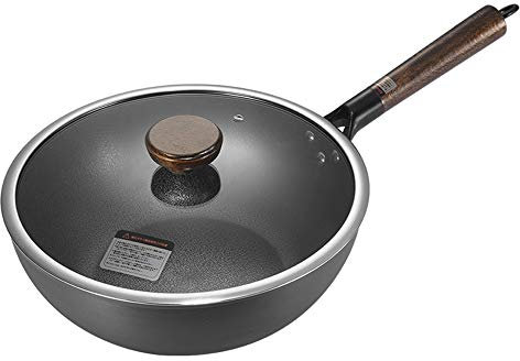 WOTZOV Sartén Wok Sin Recubrimiento Fondo Plano Sartén Antiadherente Utensilios de Cocina para el Hogar Estufa Universal para Saltear Verduras Filetes