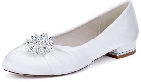 TNMIUH Scarpe da Sposa Basse in Raso con Tacco Basso e Punta Chiusa da Donna, Ballerine da Sposa con Strass Scintillanti, per Matrimoni, fidanzamenti,Bianca,40 EU