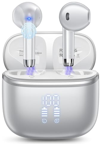 HOIFA Cuffie Bluetooth, Auricolari Bluetooth 5.4 Cuffie Wireless In Ear con microfono stereo ENC HD, cuffie wireless bluetooth 50H, Cuffiette Wireless IP7 Impermeabile con Display LED, Argento