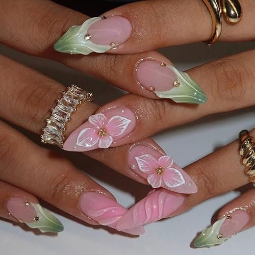 24pcs Medium Almond Press on Nails French Tip False Nails Pink Green Ombre Fake Nails Floral Gold Pearl Stick on Nails Removable Glue-on Acrylic Nail Tips Spring Summer Accessories for Women