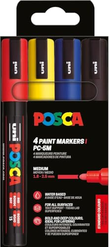 POSCA - Acrylmarker PC-5M 4er Set 1,8-2,5 mm Rundspitze | 4 Marker, wasserbasierte Pigmenttinte, hohe Deckkraft, für nahezu alle Oberflächen, austauschbare Spitze