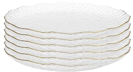 Coolcapis Hammered Glass Dinner Plate with Gold Rim – Elegant Textured Ice Crystal Design, Irregular Scalloped Edge, Clear Glass Serving Plate for Desserts, Salads & Main Dishes 10 (25.5cm)