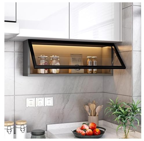 GZHERVICES Pensile in Metallo con Anta Ribaltabile, Armadietto A Muro per Cucina Officina Garage, Vetrina Sospesa con Luce A LED, Armadio Illuminato(Black-A,50x17cm)