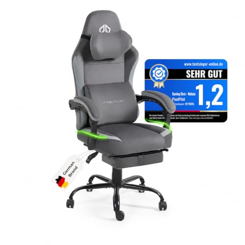 PixelPilot Gaming Stuhl Ergonomisch mit Fußstütze, Atmungsaktiver Stoff Gamer Stuhl, Bürostuhl mit Kopfstütze & Lendenstütze, Breite Sitzfläche, 150 kg (Grau Pure)
