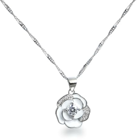 Schöner-SD Kette mit Anhänger weiße Blume Silber 925 | Damenkette, Blüte mit Zirkonia, Echtsilber anlaufgeschützt, Singapurkette 45 cm