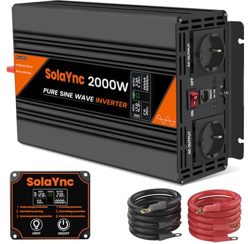 SolaYnc 2000W Inversor 12V 230V onda sinusoidal pura, inversor para automóviles, con pantalla LCD, mando a distancia, enchufes UE, puerto USB, apto para autocaravanas, campers e instalaciones solares.