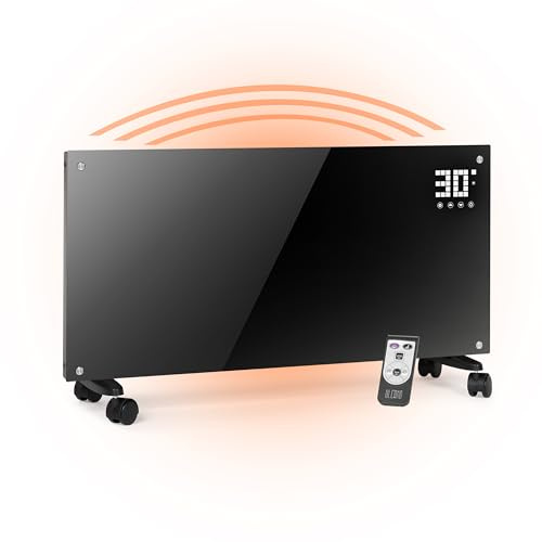 ULCANO Stufa Elettrica Basso Consumo 2000W (Modalità ECO 1000W), Termoconvettore con Ruote + Montaggio a Parete, Vetro Temperato, Display Touch + Timer + Telecomando, Stufetta con Termostato, Nero