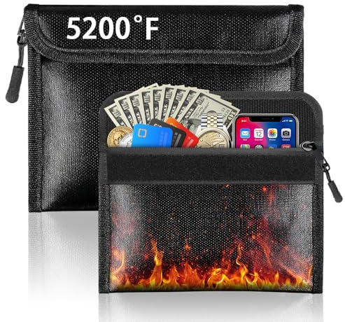 2er Set Feuerfeste Dokumententasche (21,5x14 cm, 5200℉), Feuerfeste Geldtasche mit Reißverschluss für Reisepass tasche, Bargeld, Quittungen, Feuerfeste Geldkassette, Wasserdicht & Schutz für Dokumente